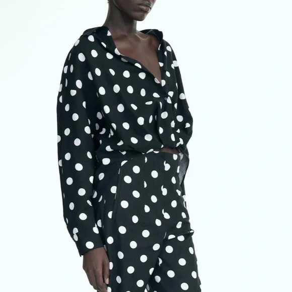 Zara NWT linen black & white polka dot knot front button front long sleeve shirt - Picture 6 of 10